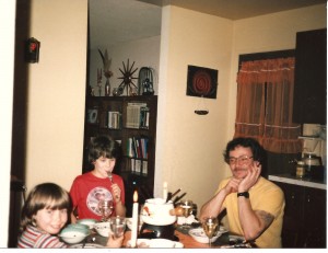 Dinner time when I was young with Dad and my brother. You can really tell I grew up in the 70s and early 80s - smoking at the table, string art, orange gauzy curtains and fondue. :)  