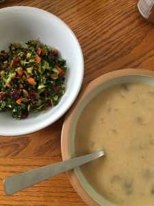 The kale and broccoli salad I'm in love with lately, paired with a mushroom and wild rice soup. 